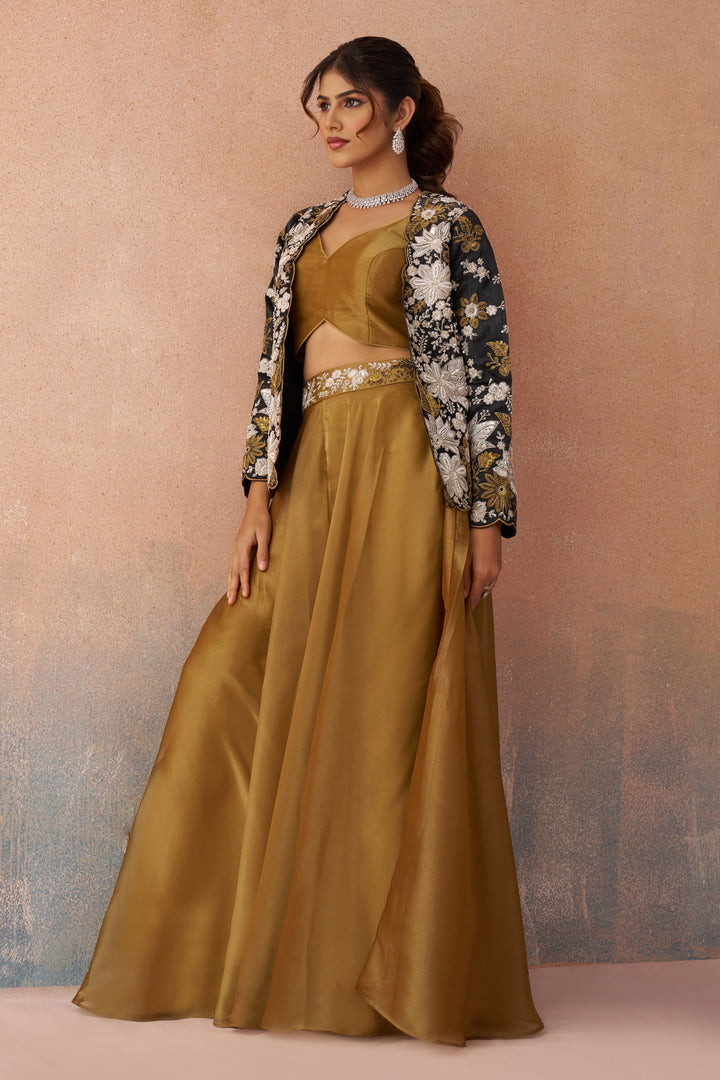 Premium Brown Embroidered Indo Western Crop Top Palazzo Set With Designer Jacket