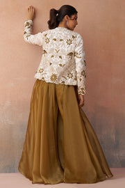 Brown Tissue Readymade Indo Western Crop Top With Jacket And Palazzo Set