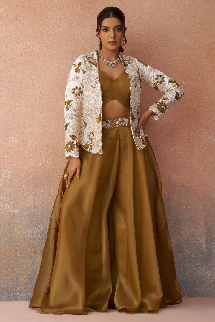 Brown Tissue Readymade Indo Western Crop Top With Jacket And Palazzo Set