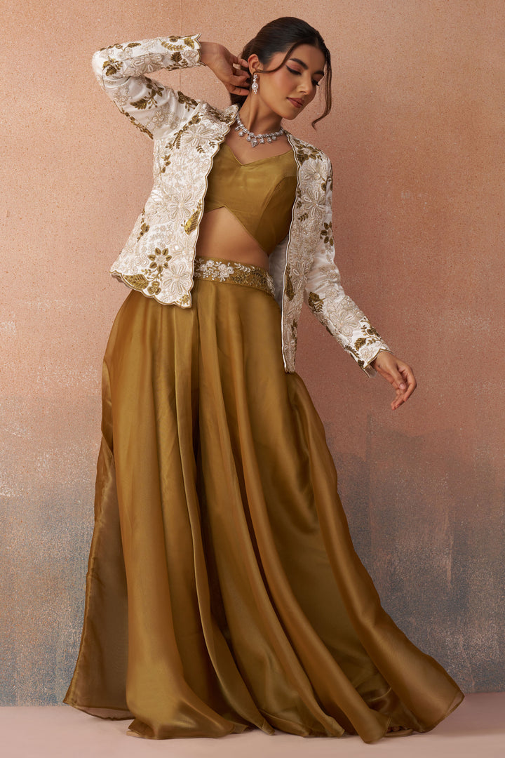 Brown Tissue Readymade Indo Western Crop Top With Jacket And Palazzo Set