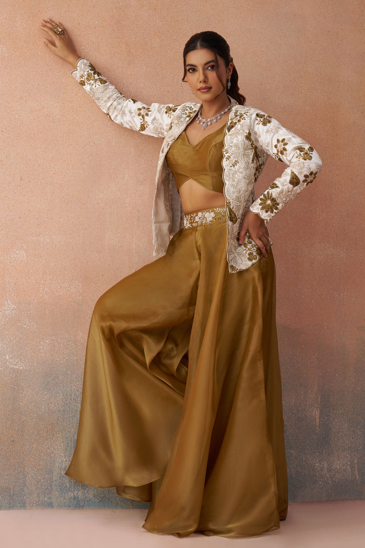 Brown Tissue Readymade Indo Western Crop Top With Jacket And Palazzo Set