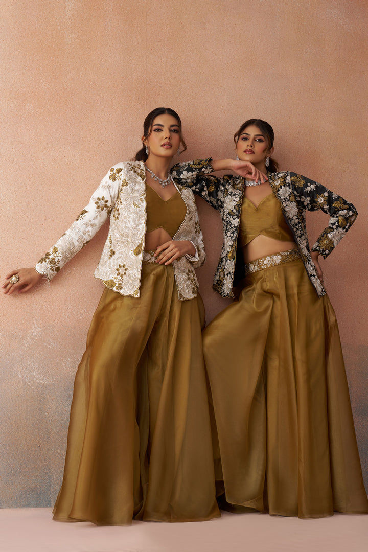 Brown Tissue Readymade Indo Western Crop Top With Jacket And Palazzo Set