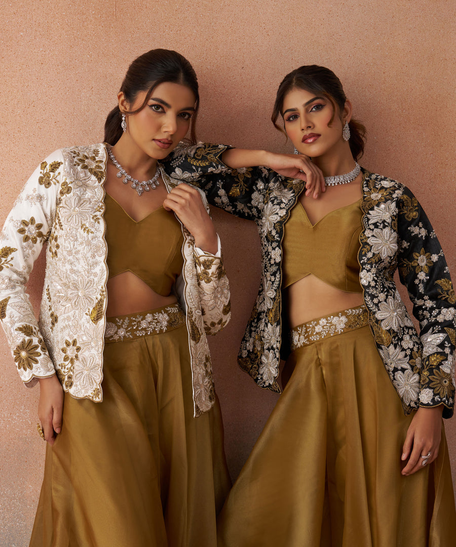 Brown Tissue Readymade Indo Western Crop Top With Jacket And Palazzo Set