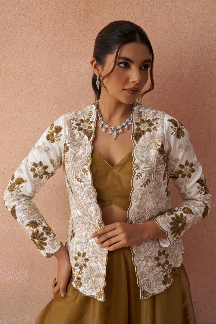 Brown Tissue Readymade Indo Western Crop Top With Jacket And Palazzo Set