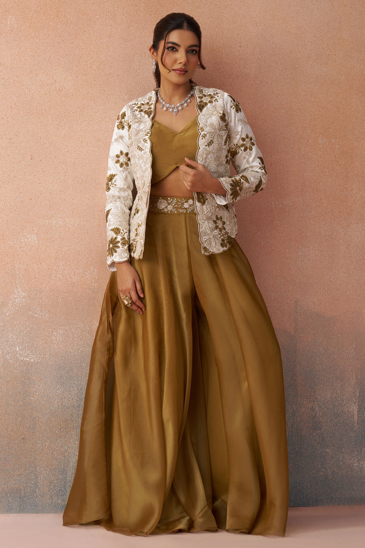 Brown Tissue Readymade Indo Western Crop Top With Jacket And Palazzo Set
