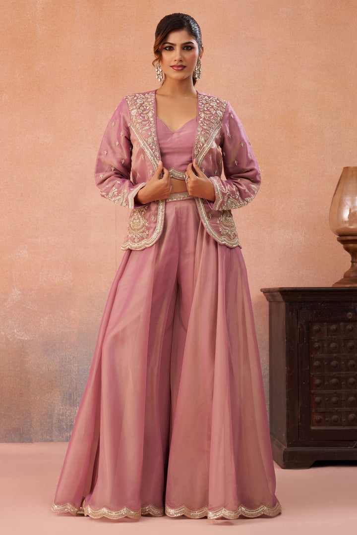 Trendy Tissue Indo Western Crop Top Palazzo Set With Embroidery And Jacket