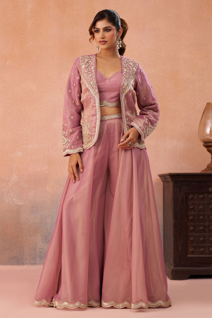 Trendy Tissue Indo Western Crop Top Palazzo Set With Embroidery And Jacket