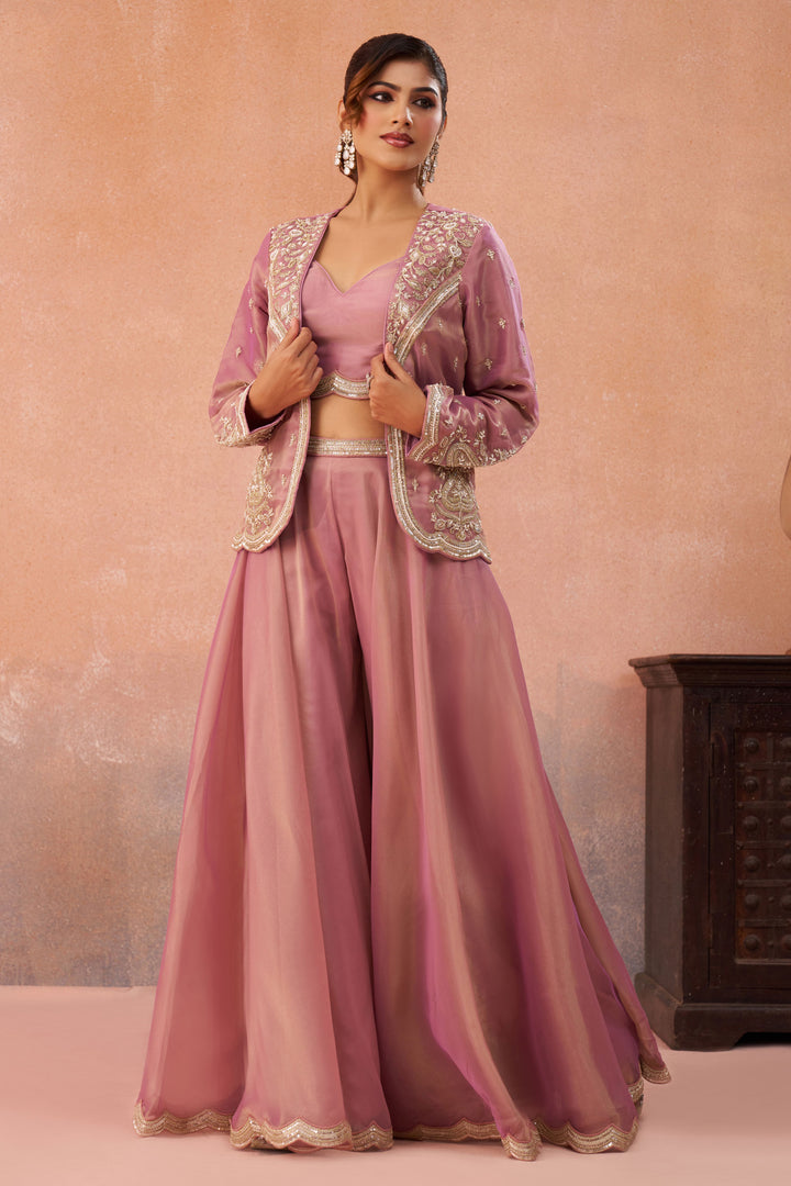 Trendy Tissue Indo Western Crop Top Palazzo Set With Embroidery And Jacket