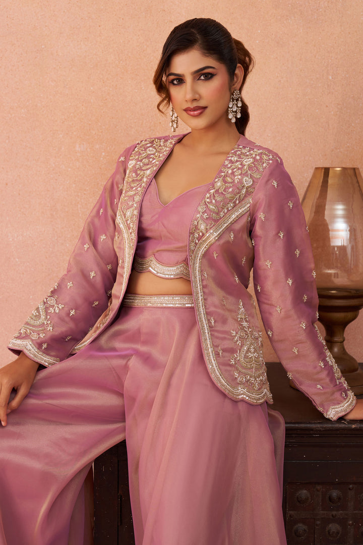 Trendy Tissue Indo Western Crop Top Palazzo Set With Embroidery And Jacket