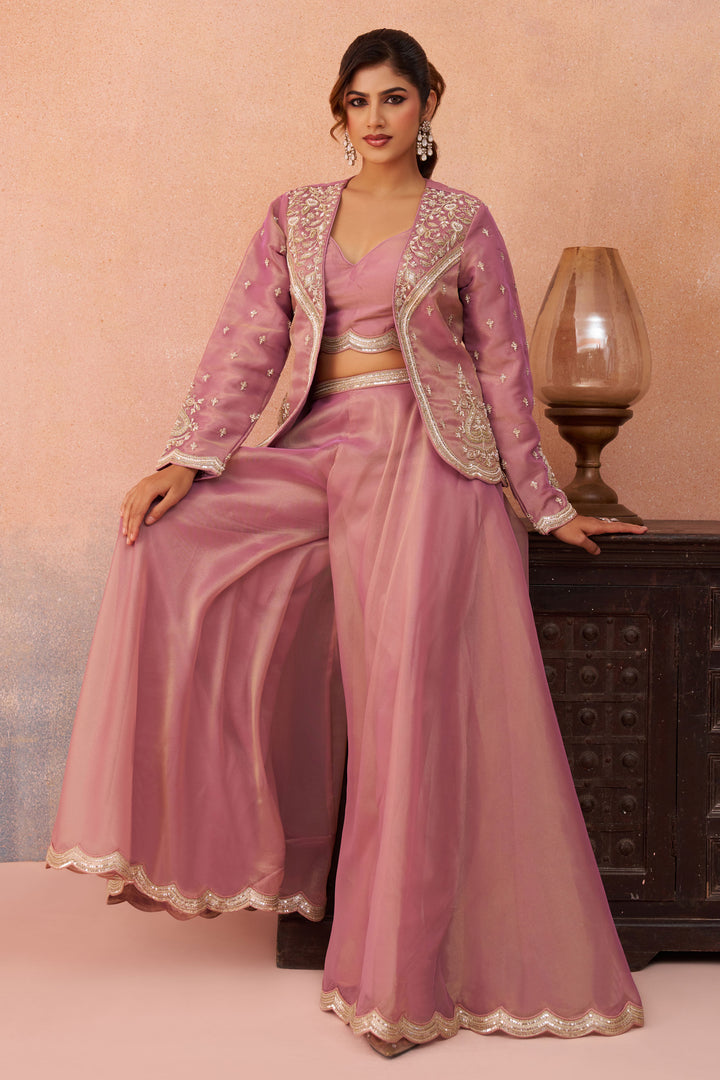 Trendy Tissue Indo Western Crop Top Palazzo Set With Embroidery And Jacket
