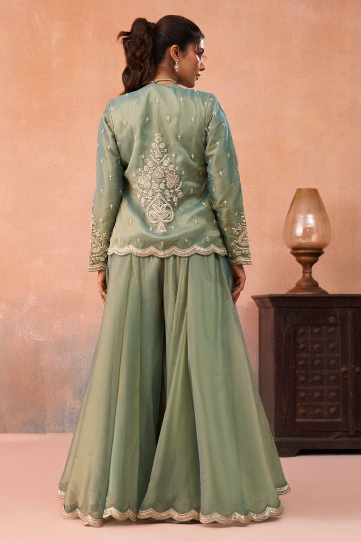 Designer Sea Green Indo Western Crop Top Set With Palazzo And Jacket