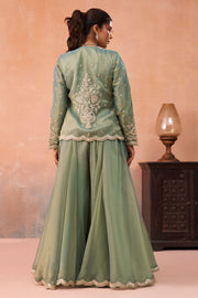 Designer Sea Green Indo Western Crop Top Set With Palazzo And Jacket