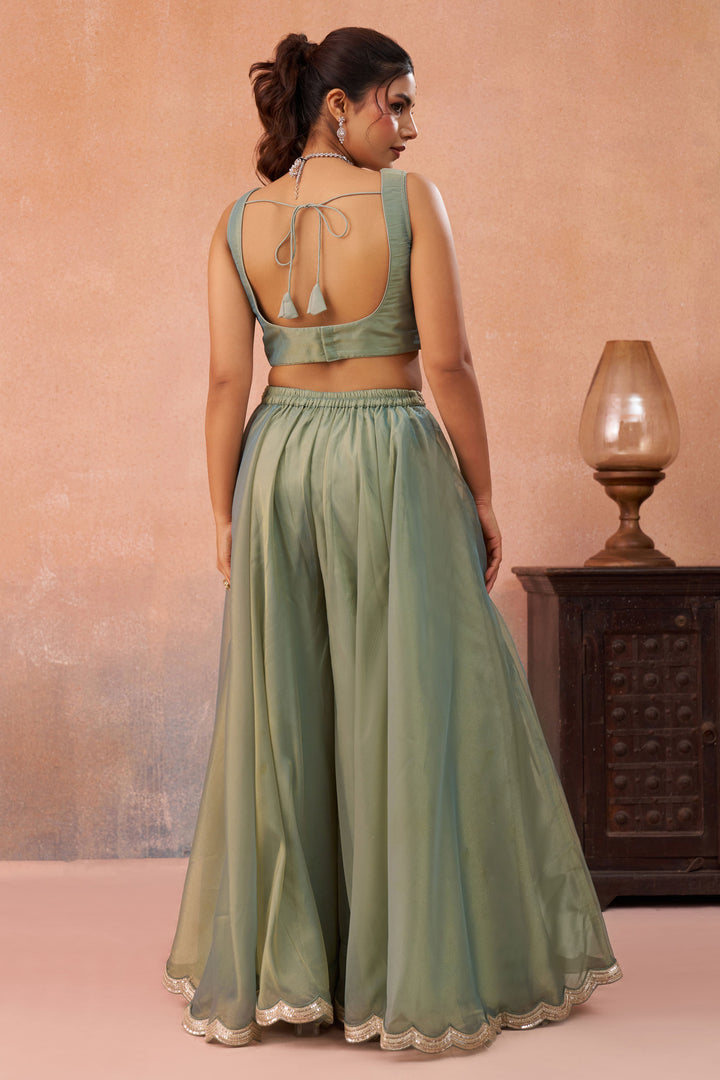 Designer Sea Green Indo Western Crop Top Set With Palazzo And Jacket