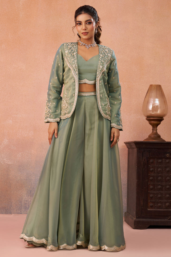 Designer Sea Green Indo Western Crop Top Set With Palazzo And Jacket
