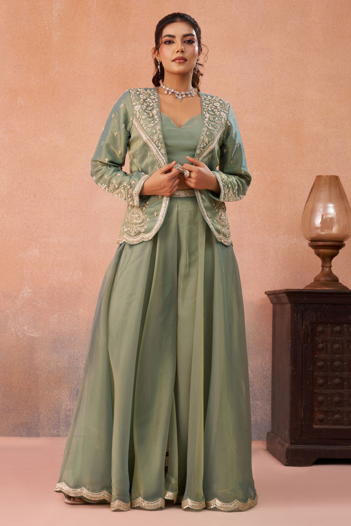 Designer Sea Green Indo Western Crop Top Set With Palazzo And Jacket