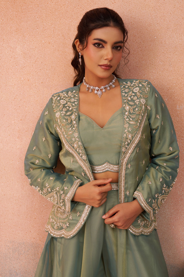 Designer Sea Green Indo Western Crop Top Set With Palazzo And Jacket