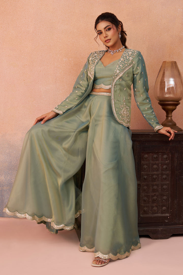 Designer Sea Green Indo Western Crop Top Set With Palazzo And Jacket