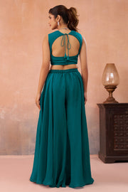 Chic Teal Organza Indo Western Crop Top Palazzo Set With Flared Cape Design