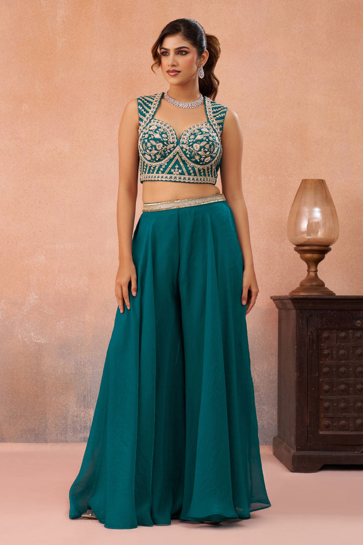 Chic Teal Organza Indo Western Crop Top Palazzo Set With Flared Cape Design