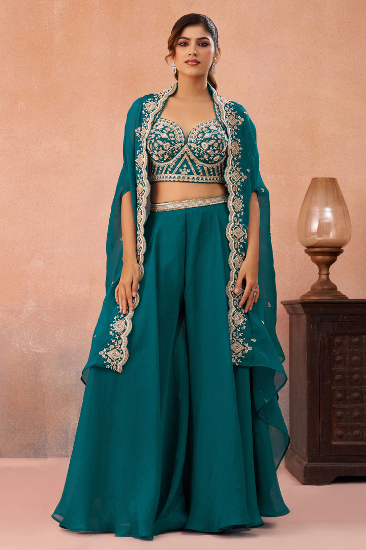 Chic Teal Organza Indo Western Crop Top Palazzo Set With Flared Cape Design