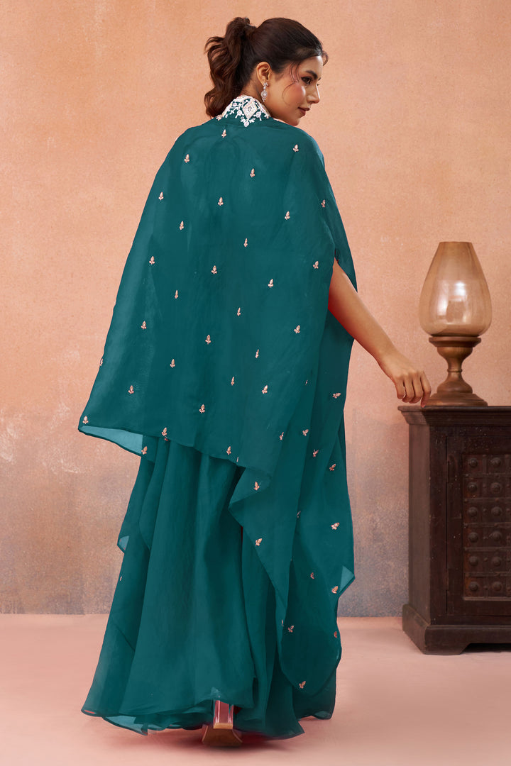 Chic Teal Organza Indo Western Crop Top Palazzo Set With Flared Cape Design