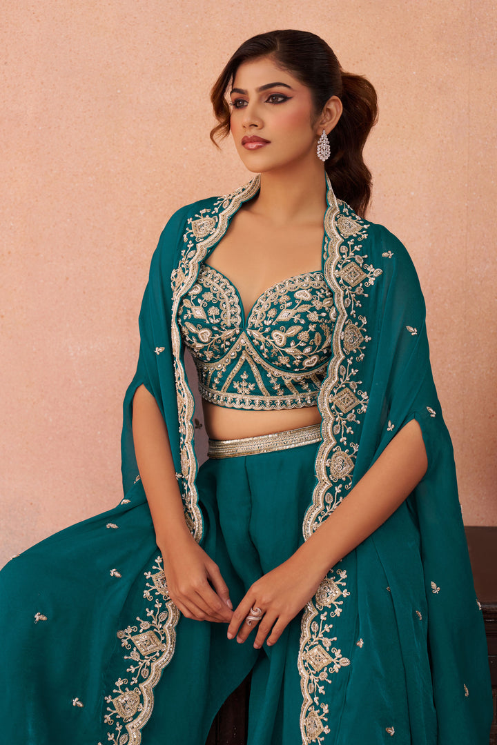 Chic Teal Organza Indo Western Crop Top Palazzo Set With Flared Cape Design