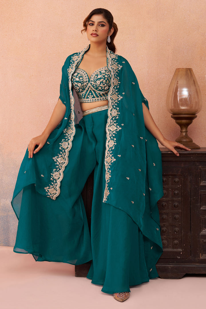 Chic Teal Organza Indo Western Crop Top Palazzo Set With Flared Cape Design