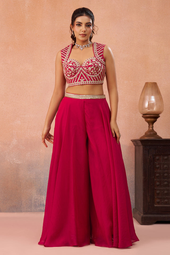 Rani Organza Indo Western Crop Top With Palazzo And Statement Flared Cape