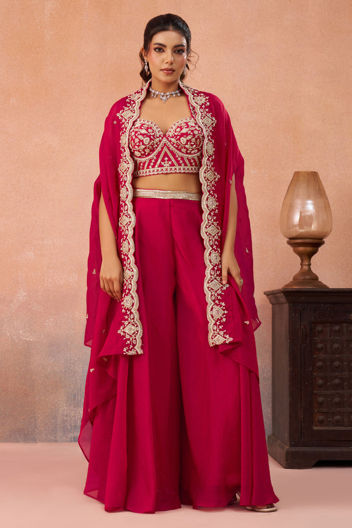 Rani Organza Indo Western Crop Top With Palazzo And Statement Flared Cape