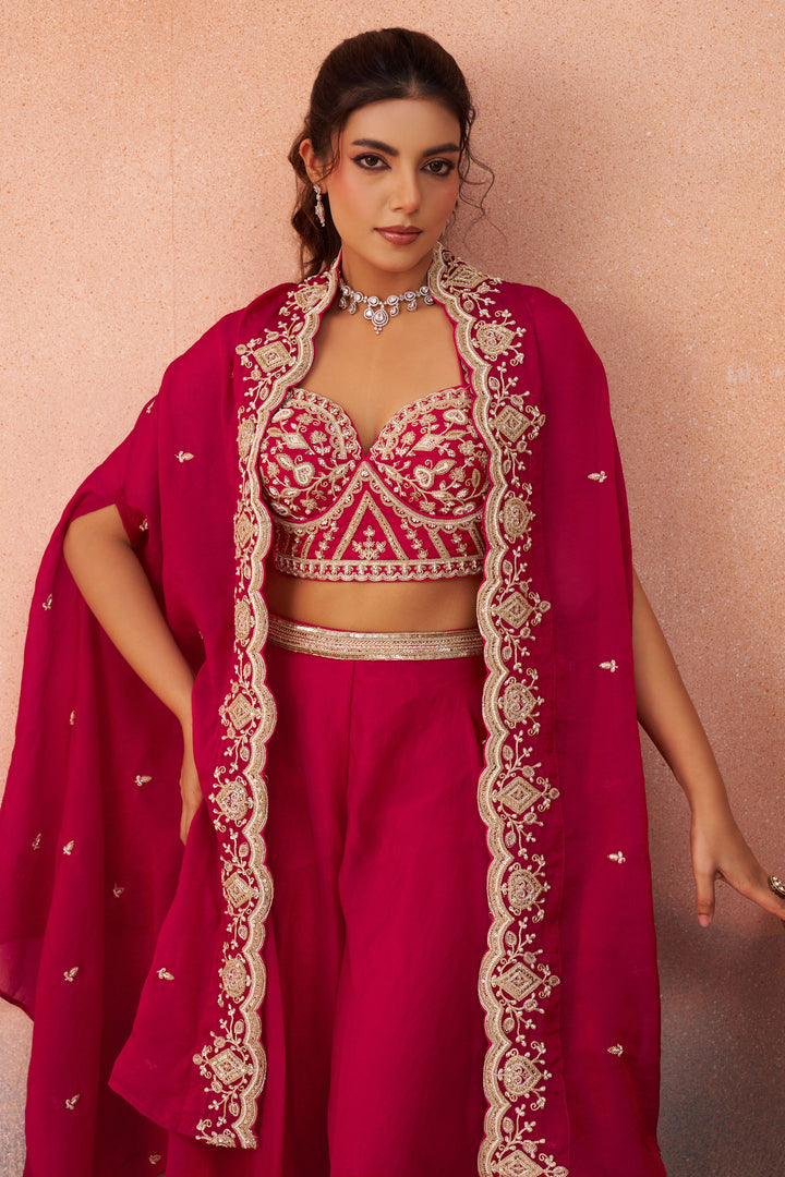 Rani Organza Indo Western Crop Top With Palazzo And Statement Flared Cape
