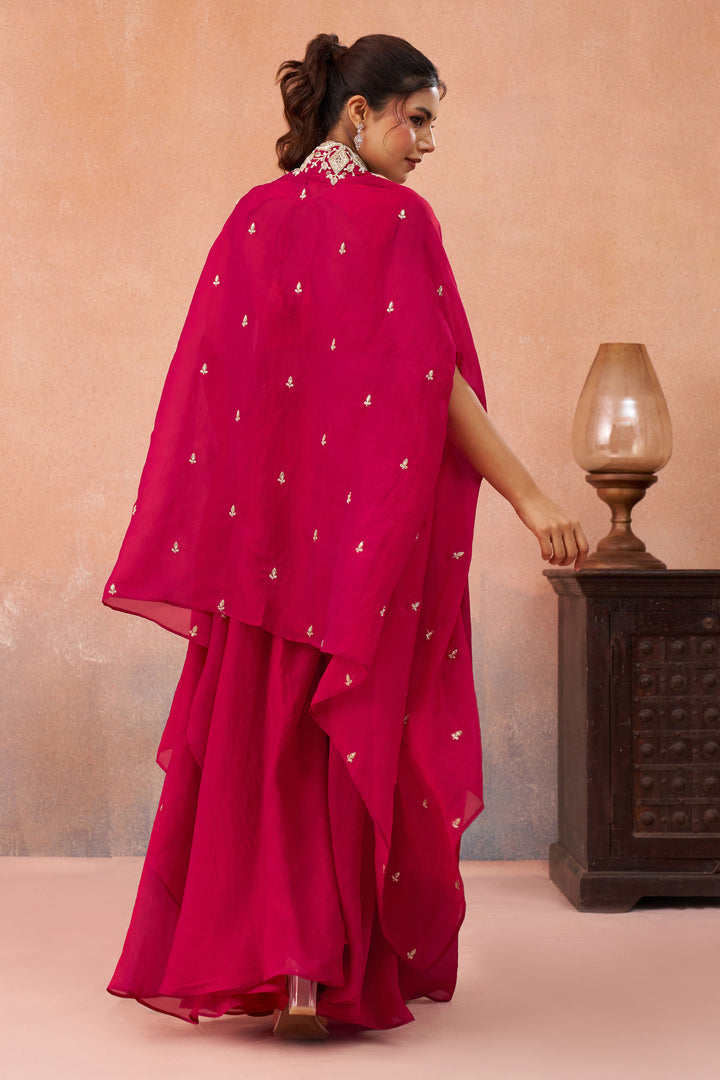 Rani Organza Indo Western Crop Top With Palazzo And Statement Flared Cape