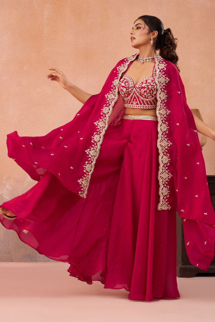 Rani Organza Indo Western Crop Top With Palazzo And Statement Flared Cape