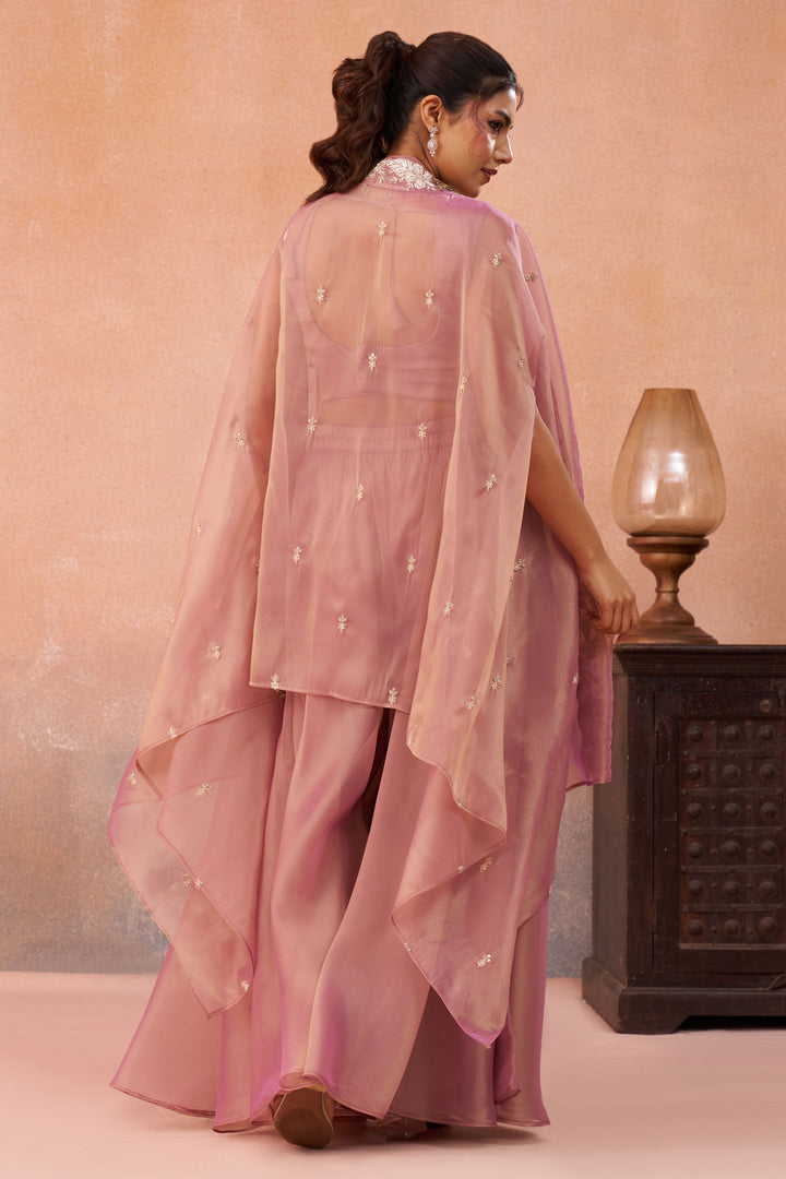 Festive Wear Tissue Indo Western Crop Top Palazzo Set With Embroidered Cape