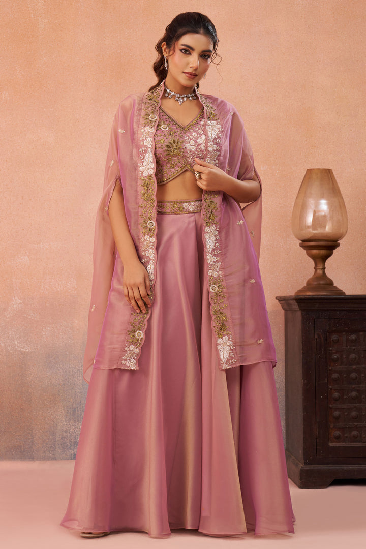 Festive Wear Tissue Indo Western Crop Top Palazzo Set With Embroidered Cape