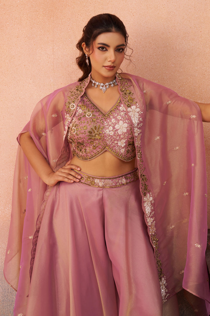 Festive Wear Tissue Indo Western Crop Top Palazzo Set With Embroidered Cape
