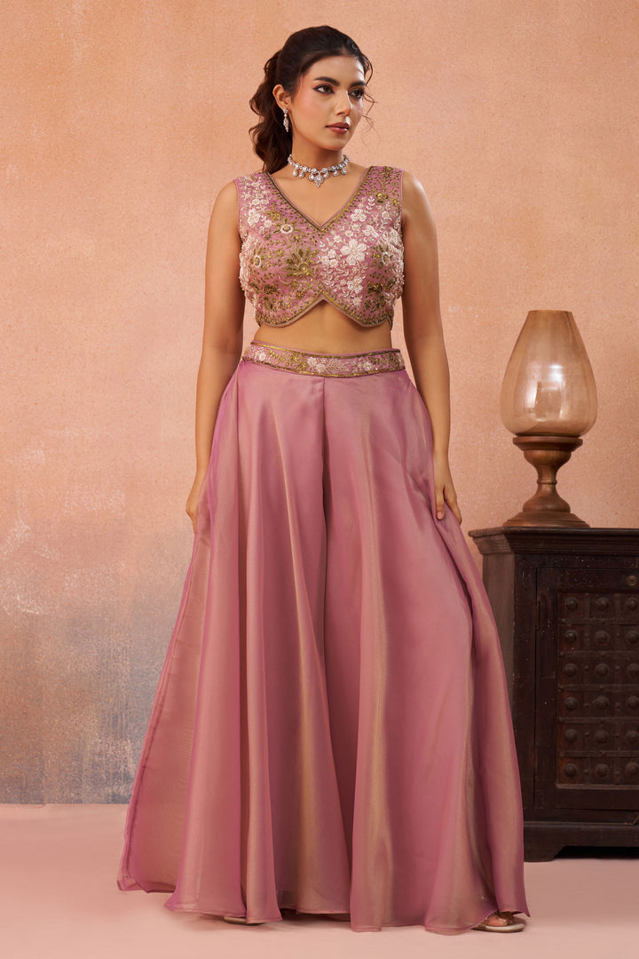 Festive Wear Tissue Indo Western Crop Top Palazzo Set With Embroidered Cape