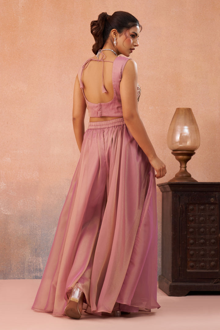 Festive Wear Tissue Indo Western Crop Top Palazzo Set With Embroidered Cape