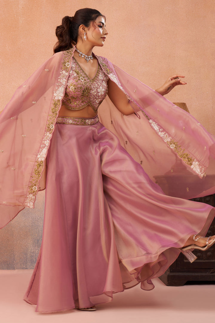 Festive Wear Tissue Indo Western Crop Top Palazzo Set With Embroidered Cape