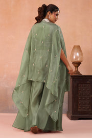 Modern Sea Green Designer Indo Western Crop Top Palazzo Set With Flared Cape Layer