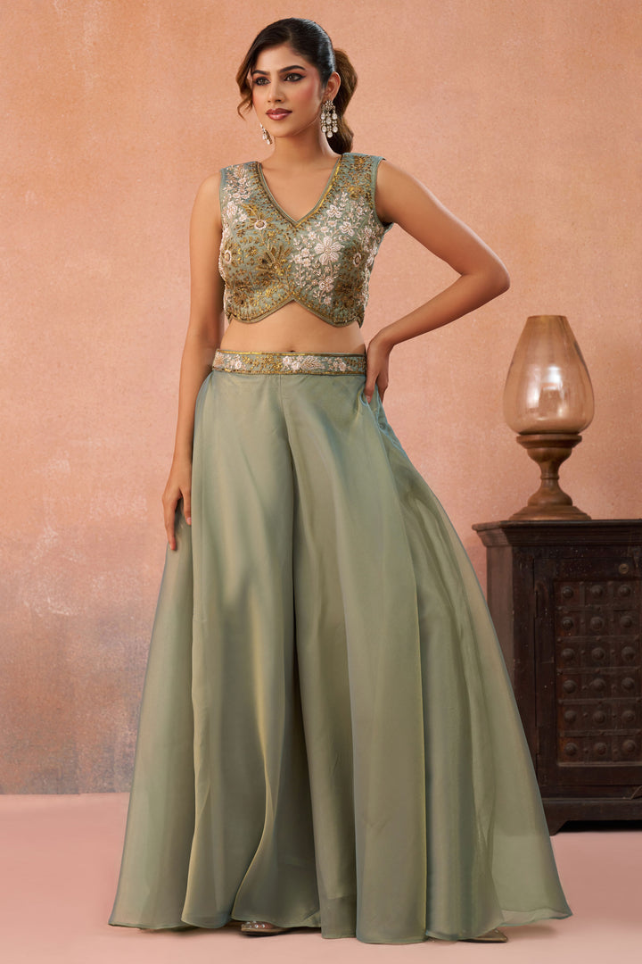Modern Sea Green Designer Indo Western Crop Top Palazzo Set With Flared Cape Layer