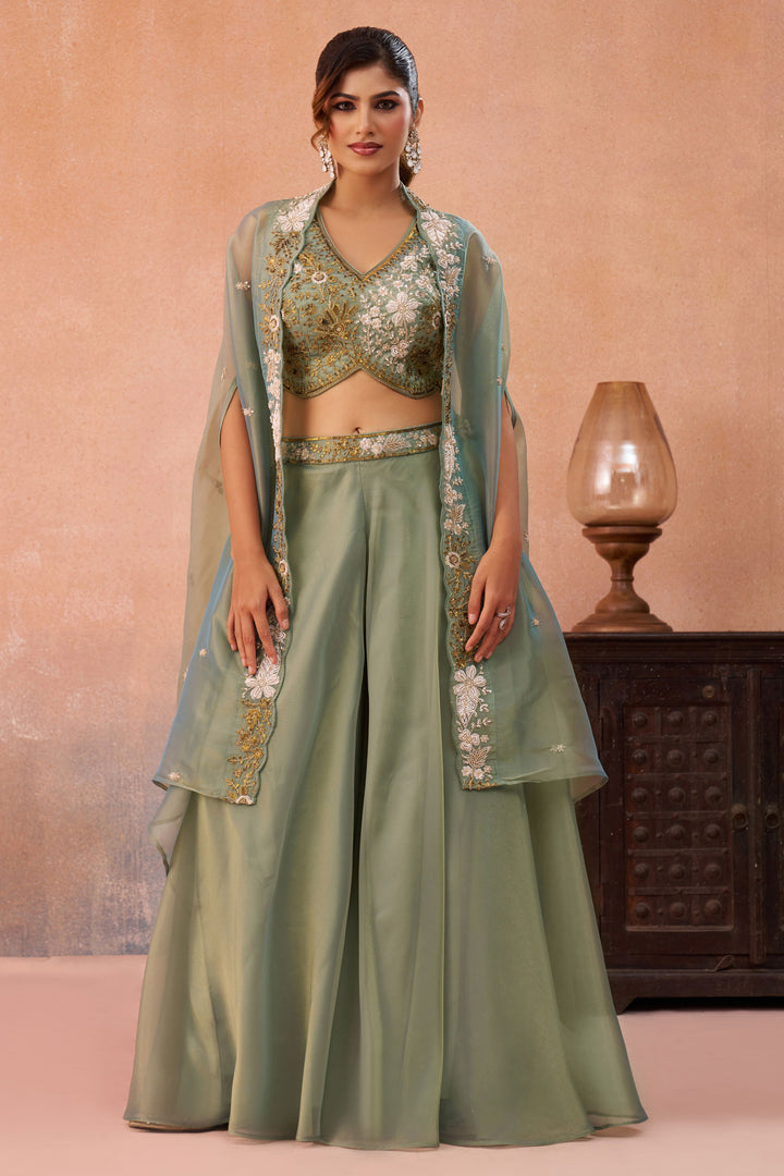 Modern Sea Green Designer Indo Western Crop Top Palazzo Set With Flared Cape Layer