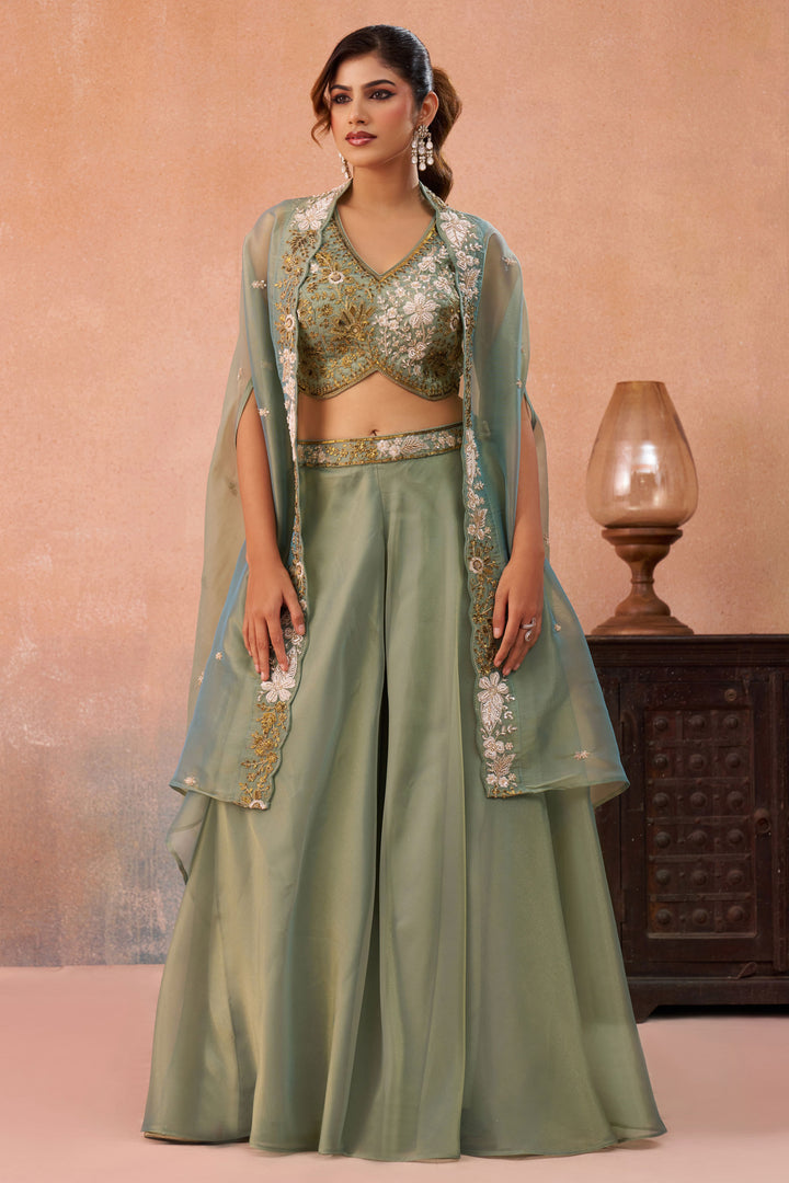 Modern Sea Green Designer Indo Western Crop Top Palazzo Set With Flared Cape Layer