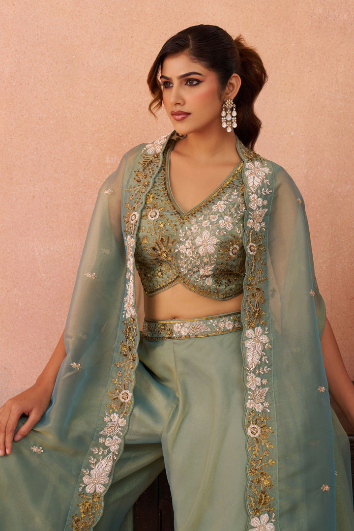 Modern Sea Green Designer Indo Western Crop Top Palazzo Set With Flared Cape Layer