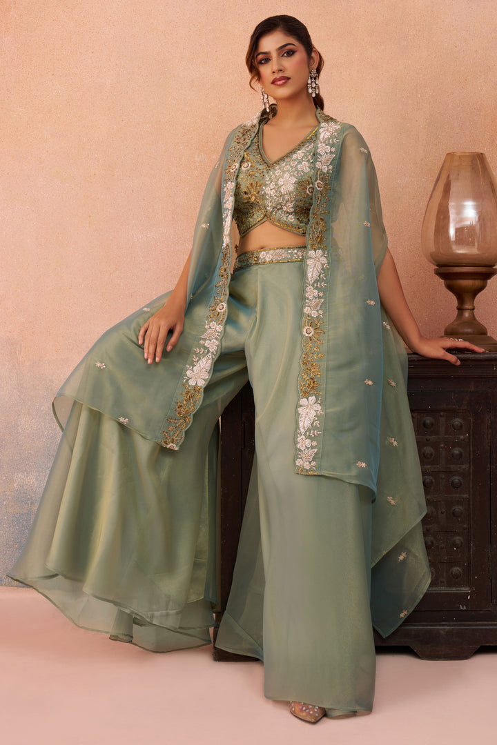 Modern Sea Green Designer Indo Western Crop Top Palazzo Set With Flared Cape Layer
