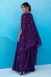 Purple Crepe Indo Western Crop Top Palazzo Set With Heavy Embroidery And Cape