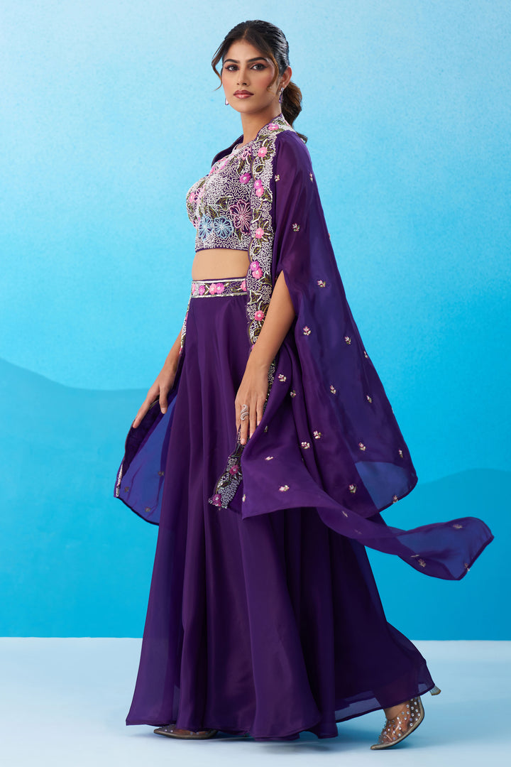 Purple Crepe Indo Western Crop Top Palazzo Set With Heavy Embroidery And Cape