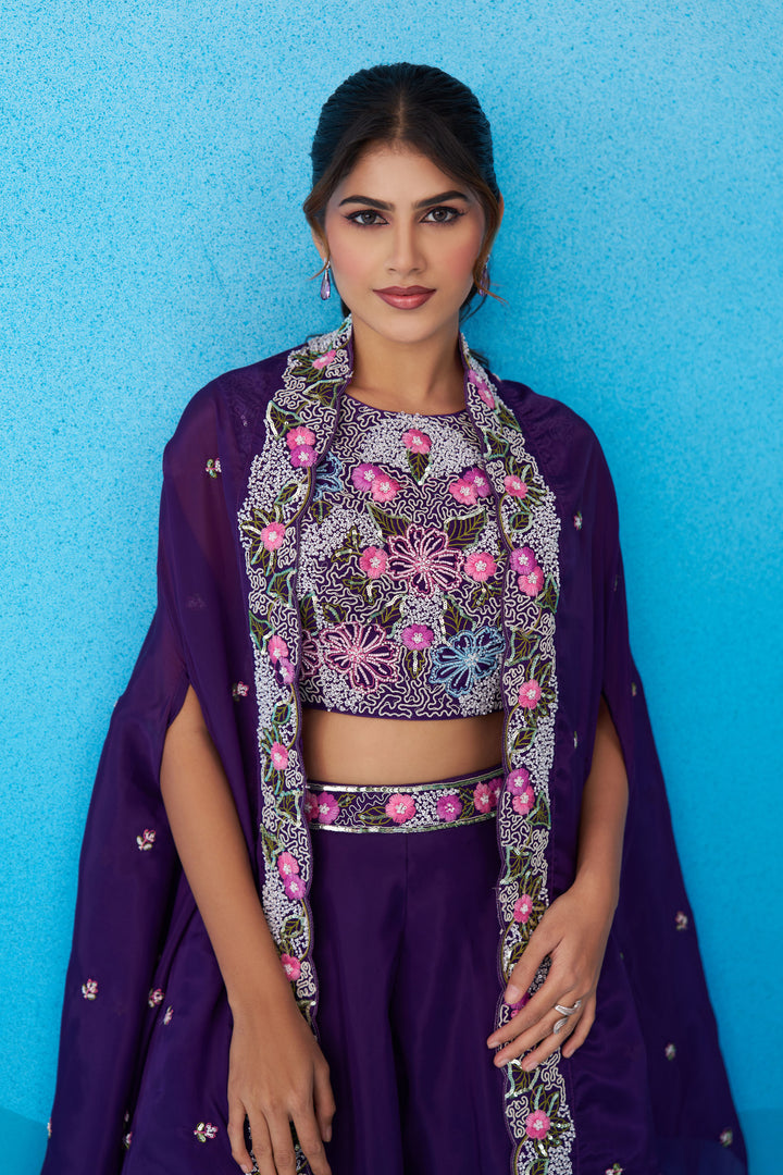 Purple Crepe Indo Western Crop Top Palazzo Set With Heavy Embroidery And Cape