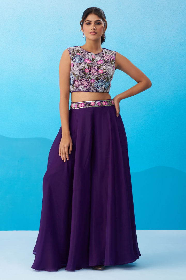 Purple Crepe Indo Western Crop Top Palazzo Set With Heavy Embroidery And Cape
