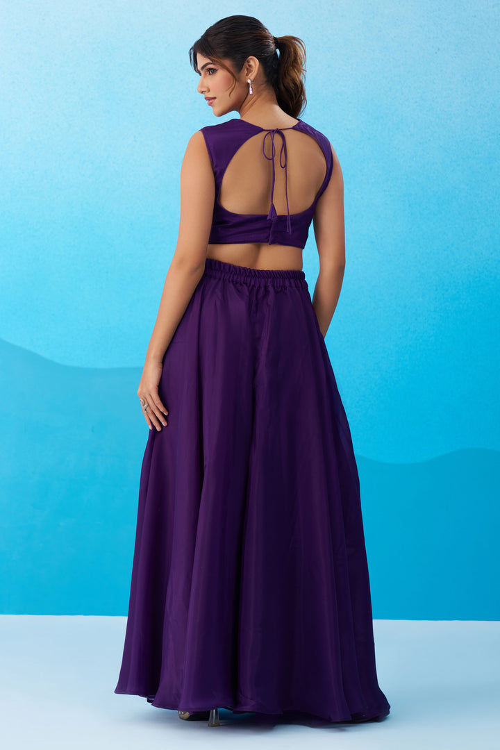 Purple Crepe Indo Western Crop Top Palazzo Set With Heavy Embroidery And Cape