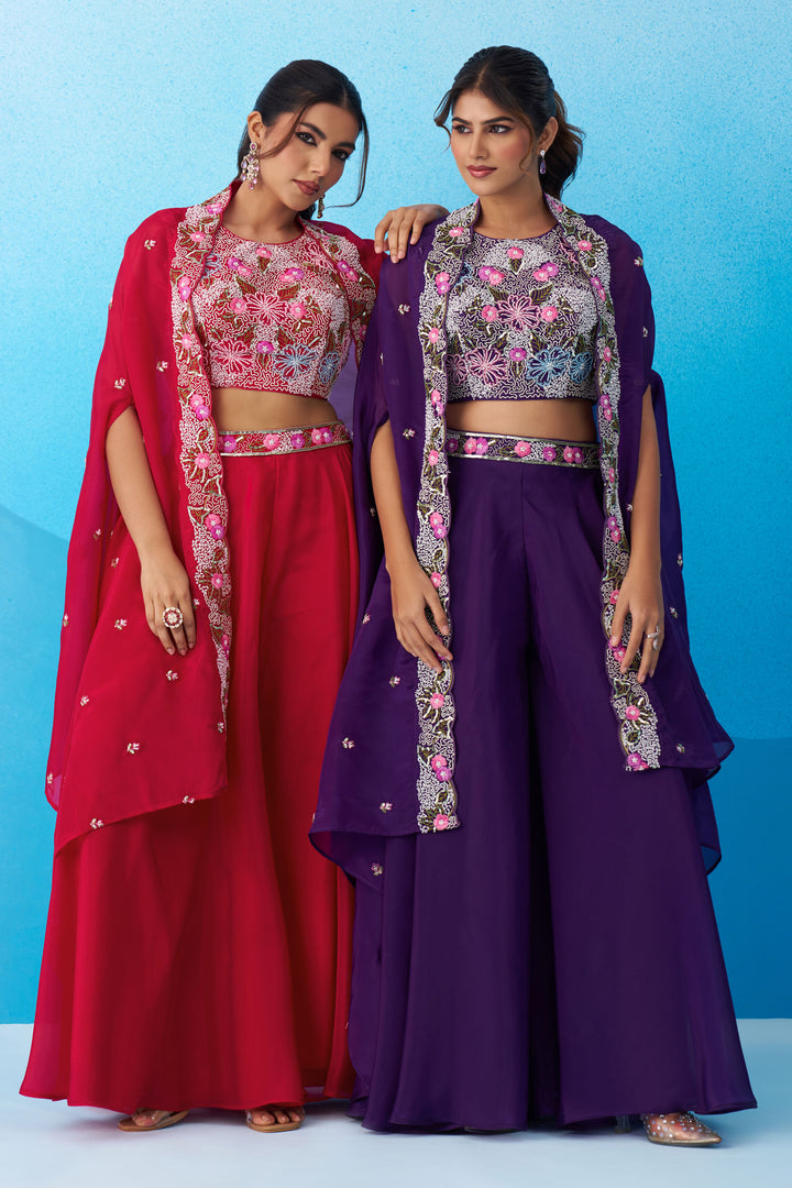 Purple Crepe Indo Western Crop Top Palazzo Set With Heavy Embroidery And Cape